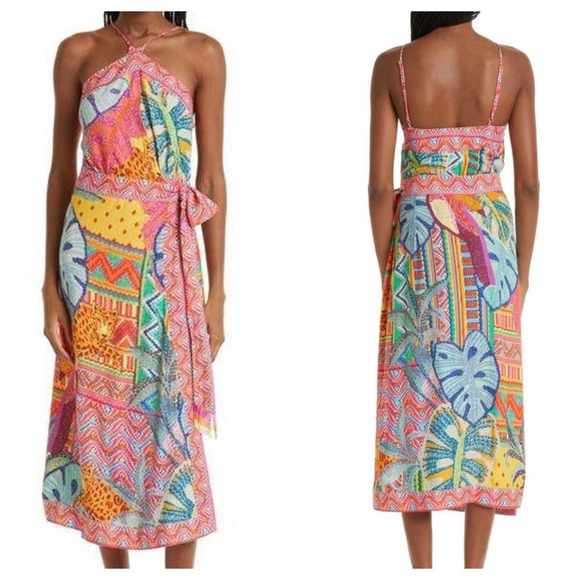 FARM Rio Dresses & Skirts - FARM Rio Dress Summer Tapestry Wrap Halter Colorful Tropical Beaded Fringe S
